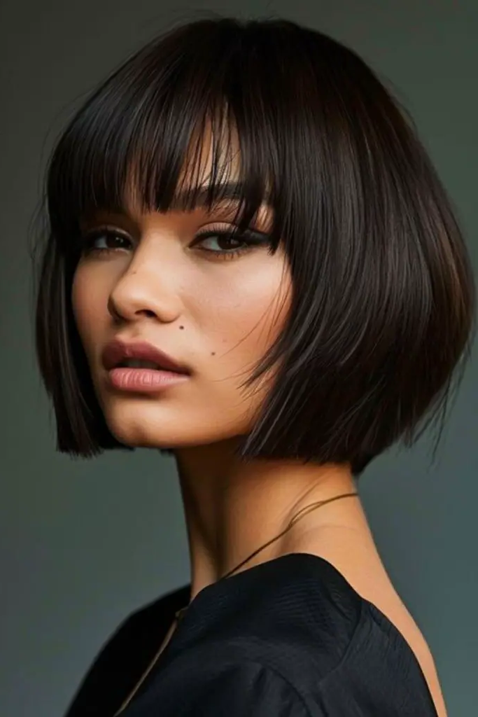 29 Gorgeous Bob Hairstyles with Bangs 3 1. Blunt-Cut Drama Bob