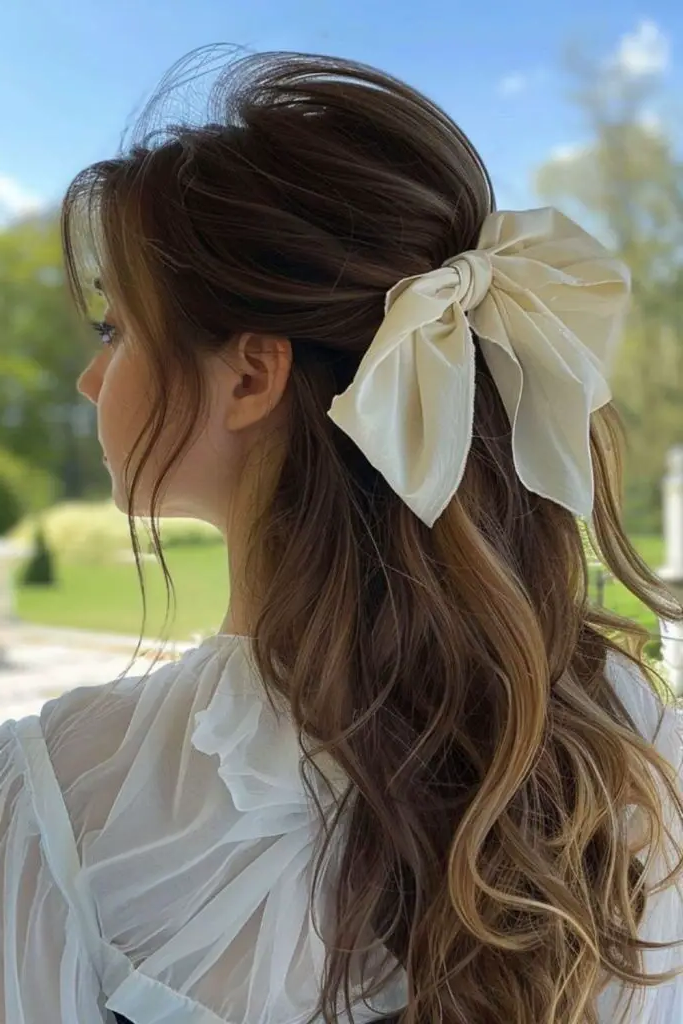 28 Cute Hairstyles with a Bow 3 1. Bow-Infused Beach Waves