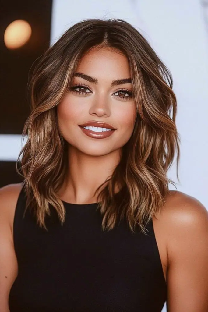 27 Great Medium Length Wavy Hairstyles 3 1. Cascading Bronze Waves