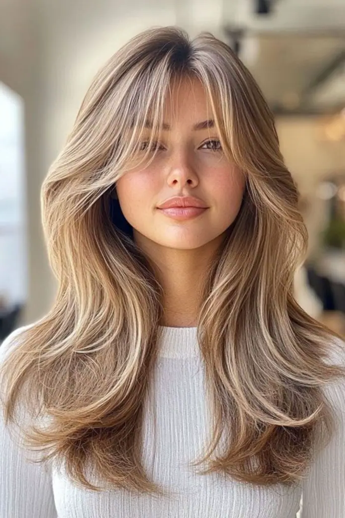 29 Long Layers with Curtain Bangs 3 1. Cascading Silk Strands