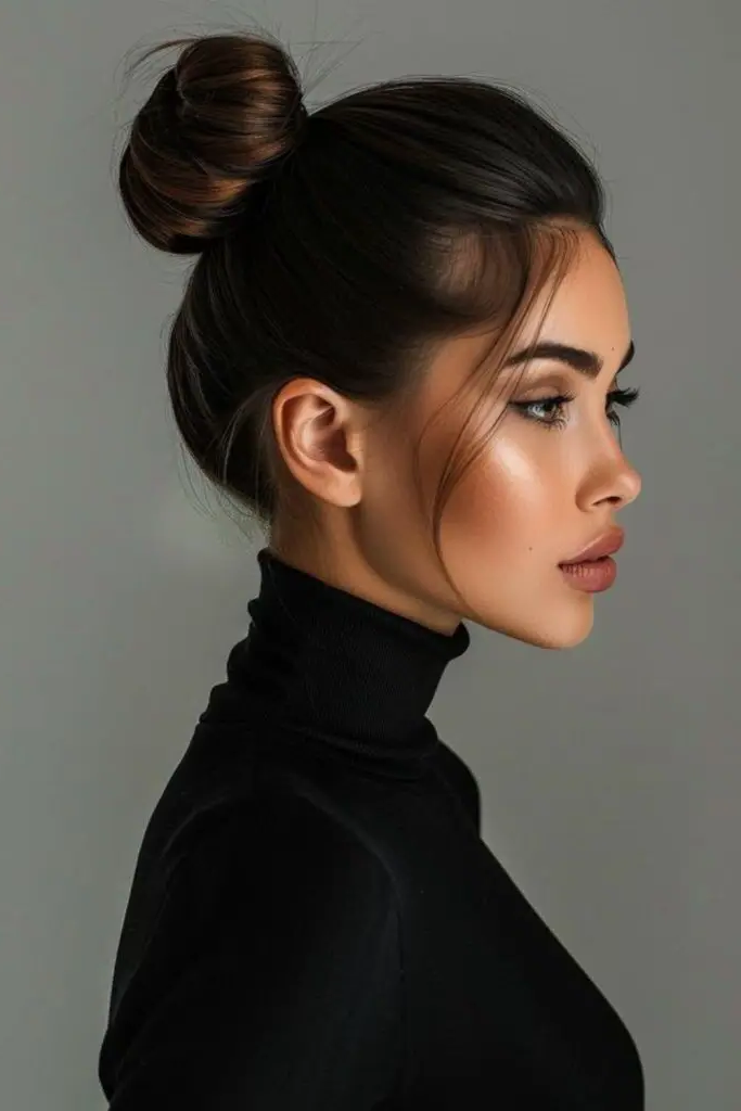 27 Stunning Turtle Neck Hairstyles 3 1. Effortlessly Chic: The Sleek Bun with Turtleneck