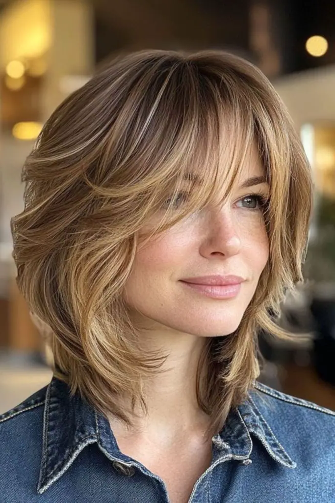 27 Best Lob Haircut with Bangs 11 10. Feathered Whisper Cascade