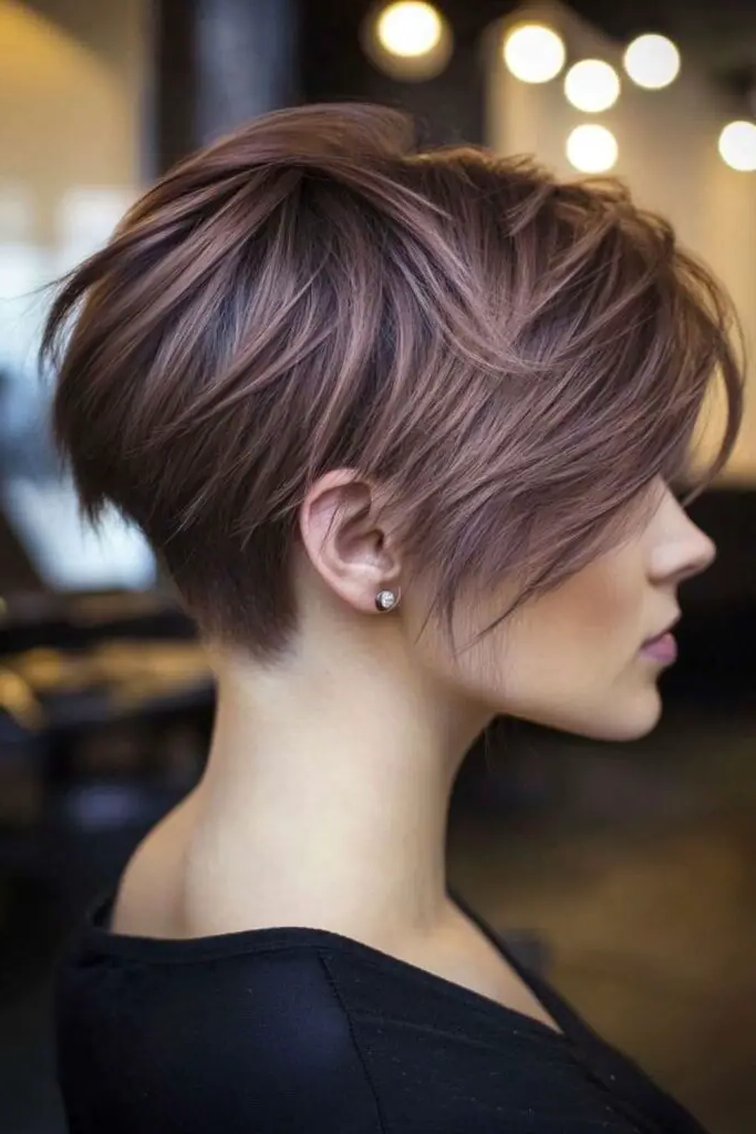27 Gorgeous Short Hair Back View Styles 12 10. Layered Pixie with Side Bangs