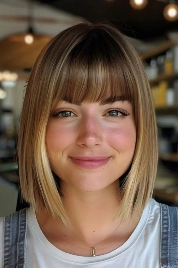 27 Blonde Bob with Fringe Hairstyles 13 11. Caramel Sway Bob