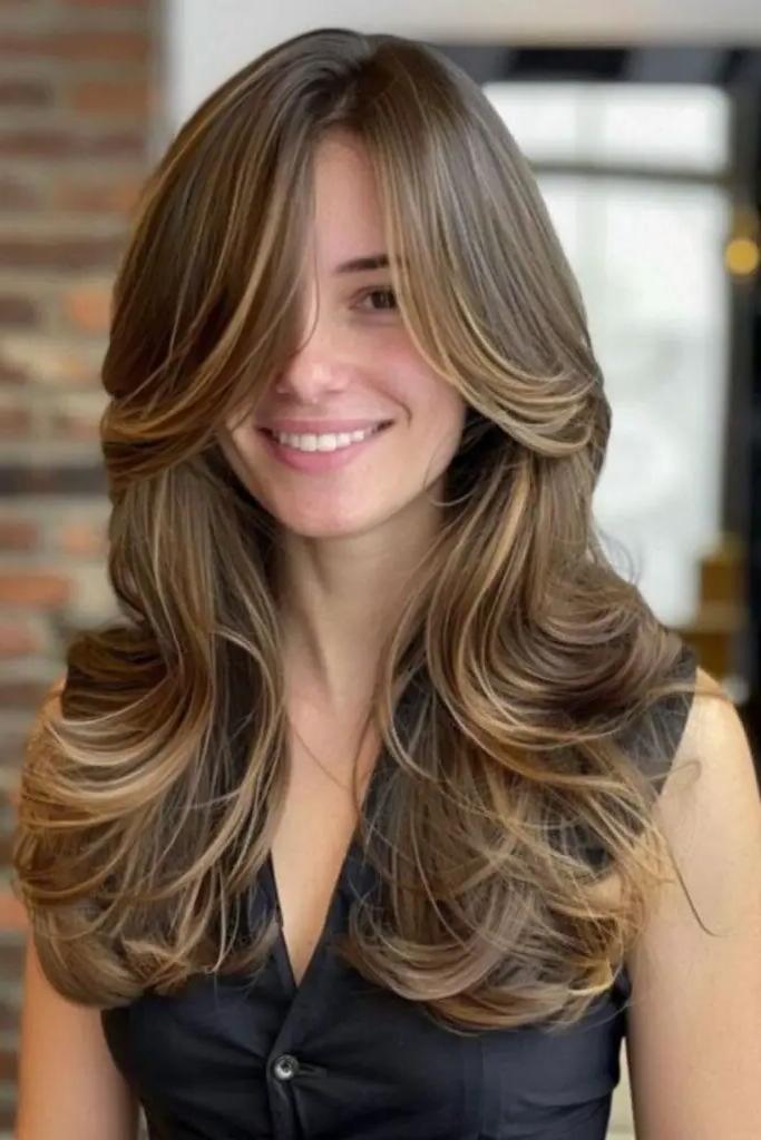 29 Long Layers with Curtain Bangs 12 11. Champagne Drizzle Layers