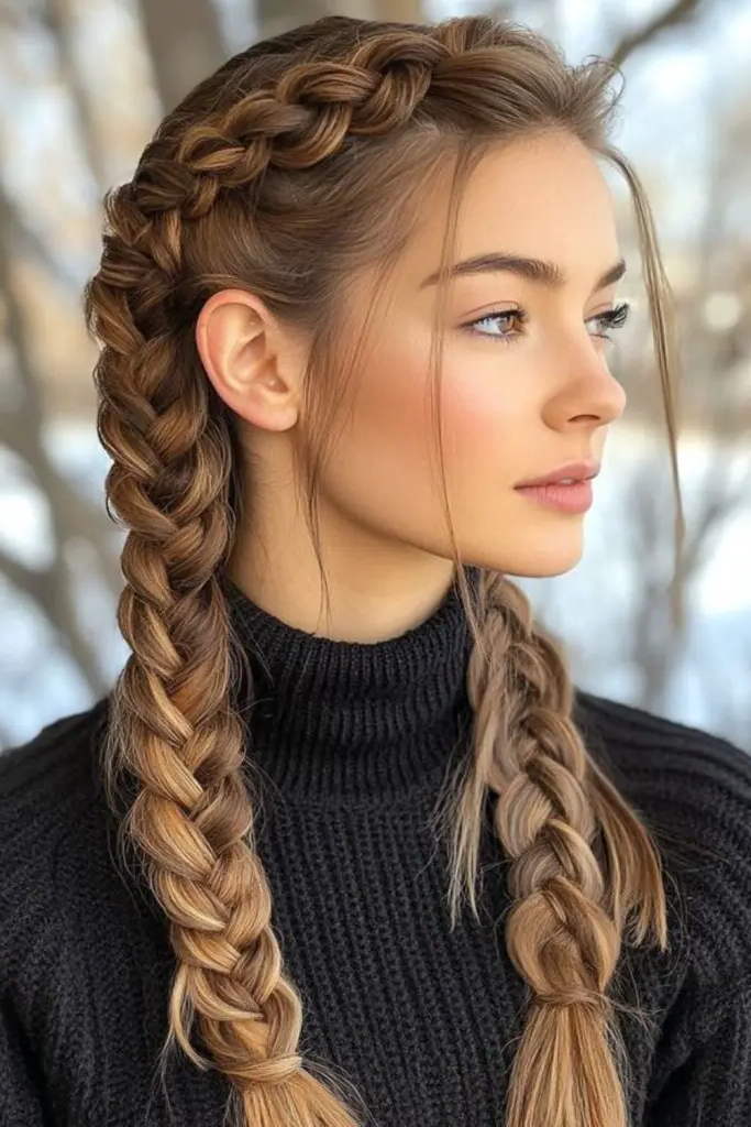 27 Stunning Turtle Neck Hairstyles 13 11. Face-Framing Braids Paired with Warm Textures