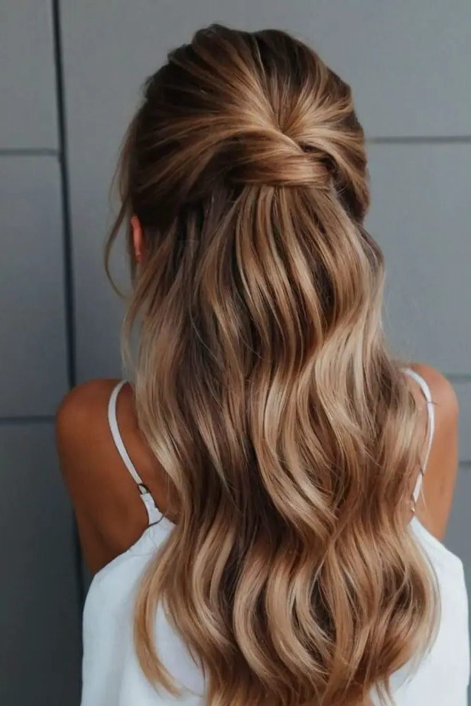 28 Best Haircuts for Thin Fine Hair Long 13 11. Layered Half Updo with Soft Curls