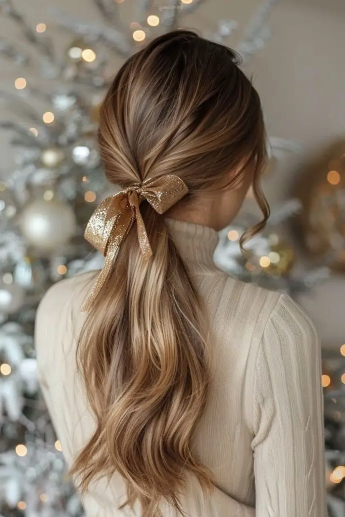 28 Cute Hairstyles with a Bow 13 11. Simple Bow-Enhanced Low Pony