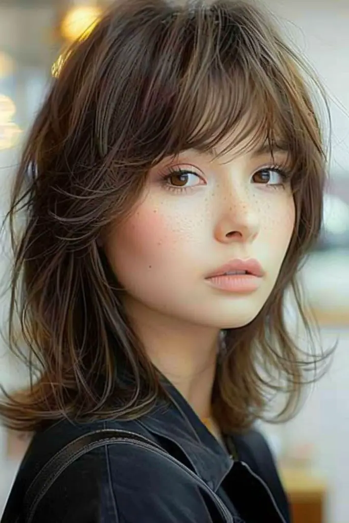 27 Cute Medium Length Haircuts 14 12. Feathered Fringe Fantasy