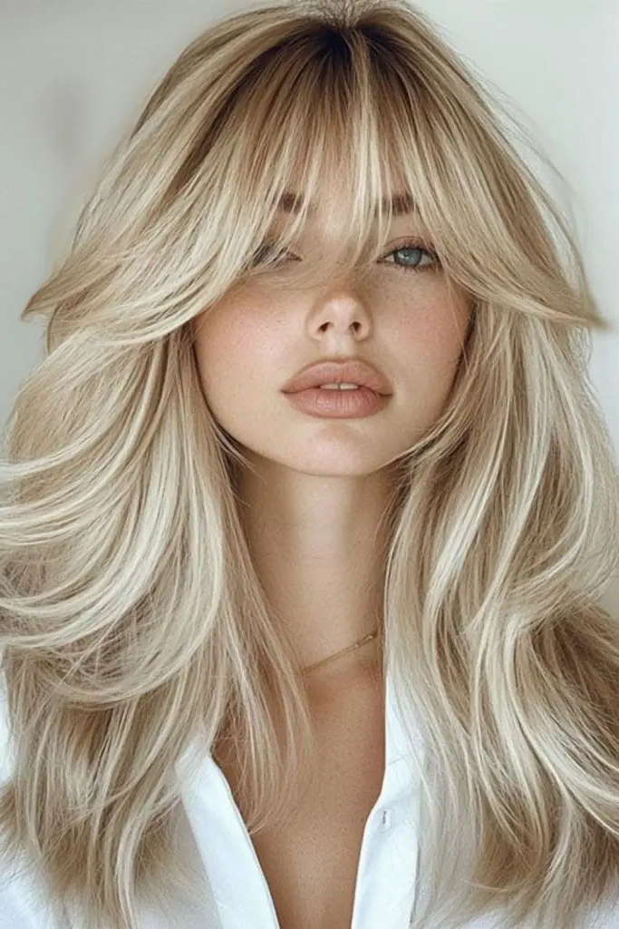 29 Long Layers with Curtain Bangs 13 12. Frosted Glaze Cascade