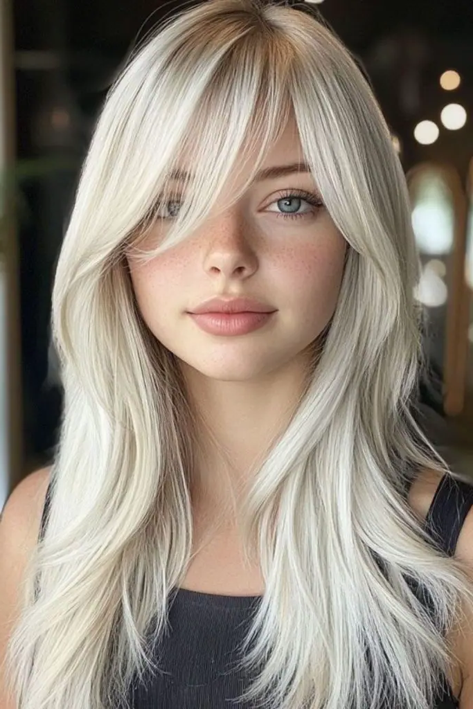 28 Trendy Spring 2025 Hair Trends 14 12. Icy-Platinum Curtain Bangs