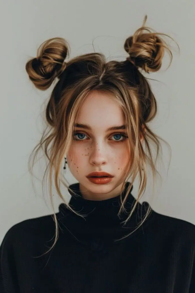 27 Simple Hairstyles for Long Hair 14 12. Playful Space Buns Flare