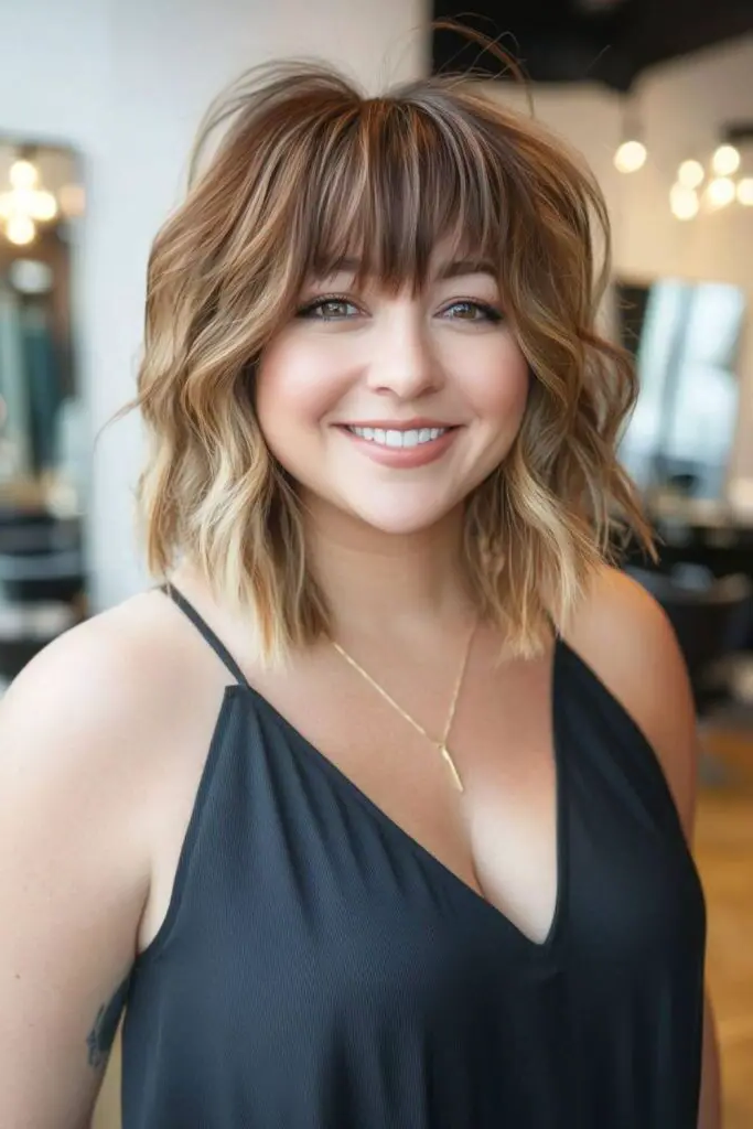27 Gorgeous Haircuts for Round Chubby Faces 15 13. Angled Lob with Messy Texture