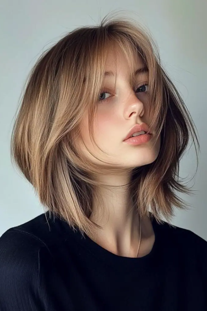 29 Messy Blonde Bob Ideas 16 14. Caramel Cascade Cut
