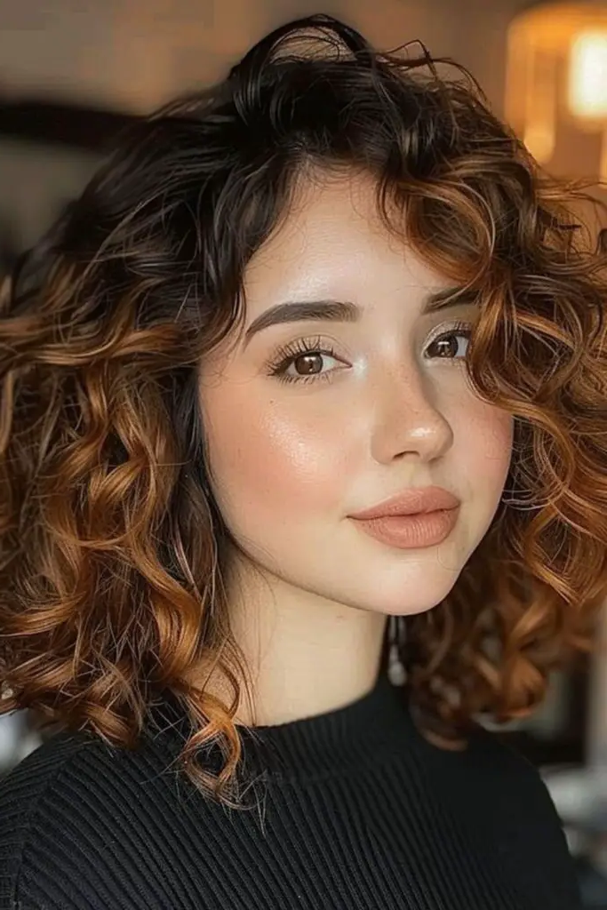 27 Gorgeous Haircuts for Round Chubby Faces 16 14. Loose Curls with Short Side-Swept Fringe