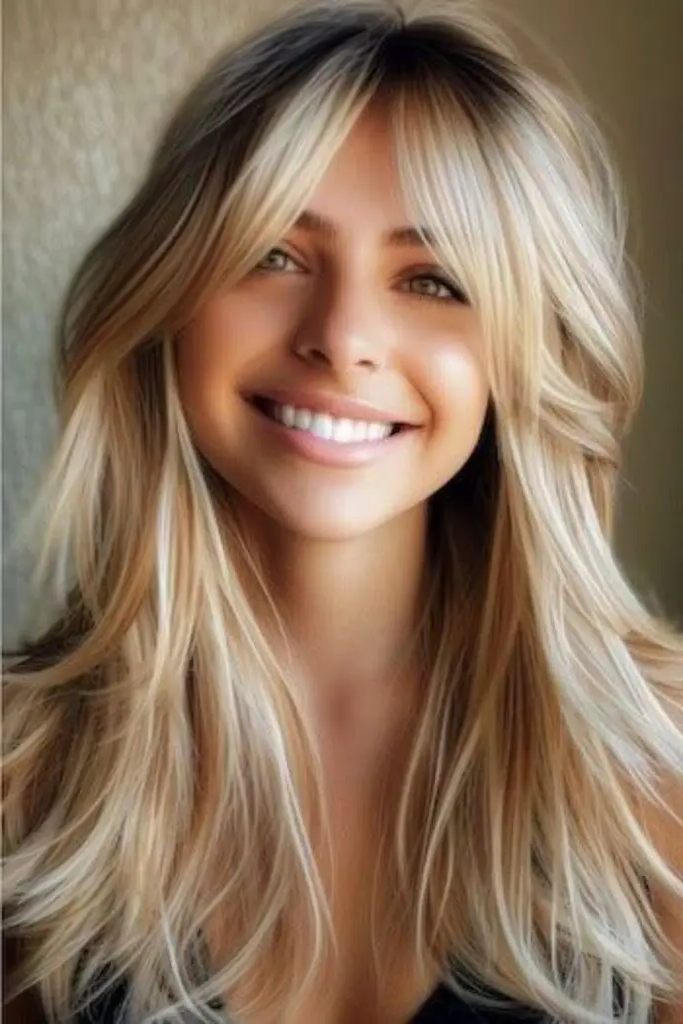 29 Long Layers with Curtain Bangs 15 14. Stardust Shimmer Layers