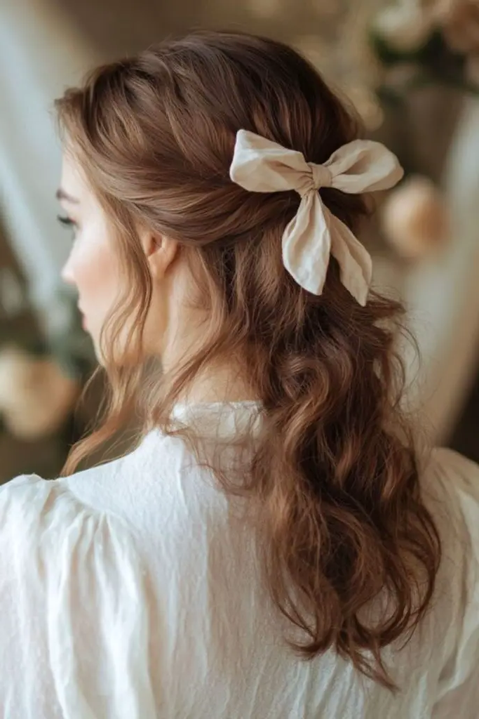 28 Cute Hairstyles with a Bow 17 15. Bow-Embellished Twisted Half-Updo
