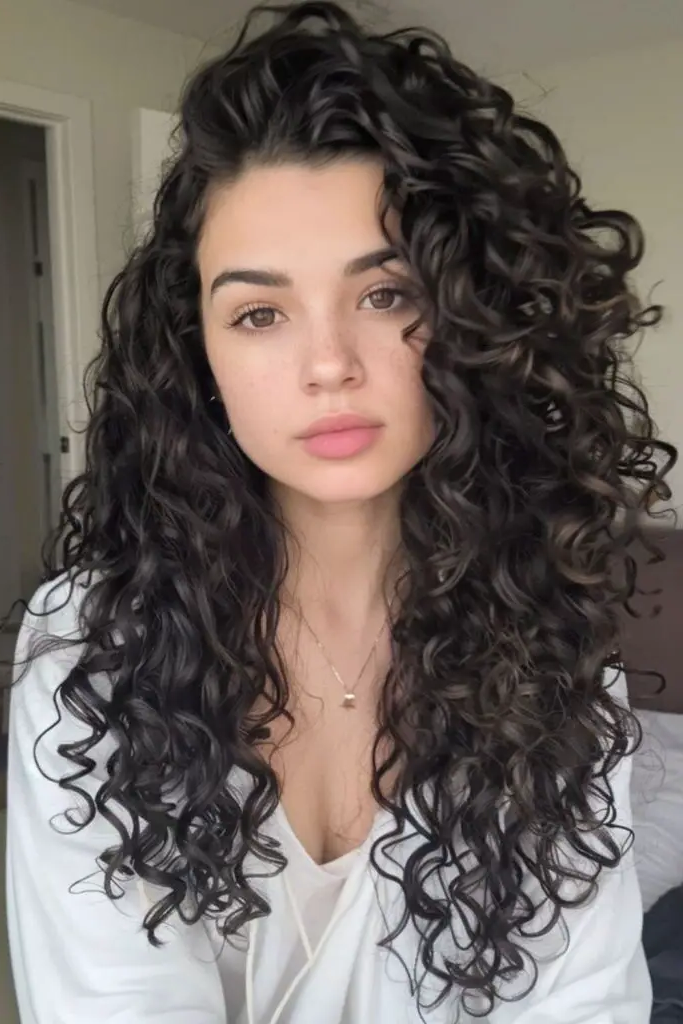 28 Best Long Haircuts with Layers 17 15. Curly Layers with Side-Swept Bangs