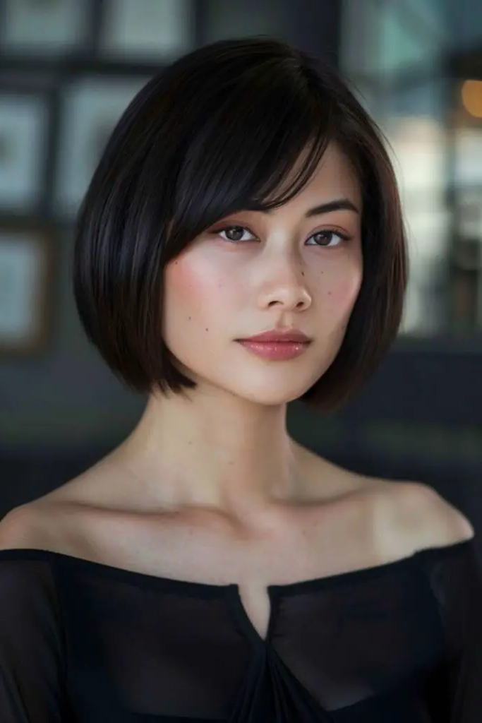 29 Gorgeous Bob Hairstyles with Bangs 17 15. Jet Black Precision Bob