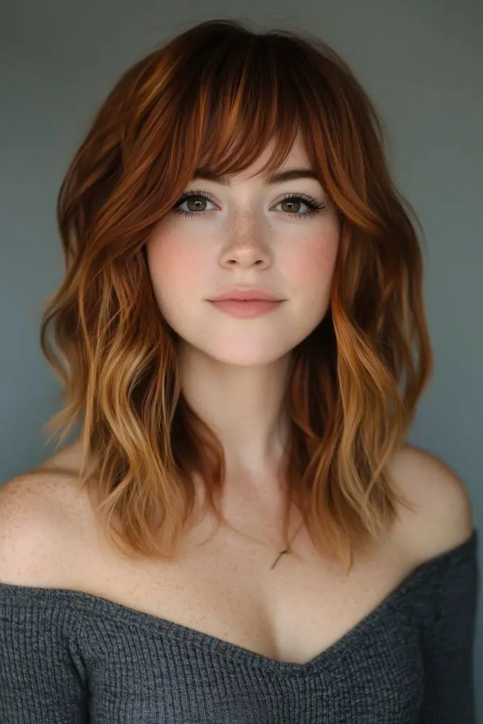 27 Best Lob Haircut with Bangs 16 15. Regal Auburn Sweep