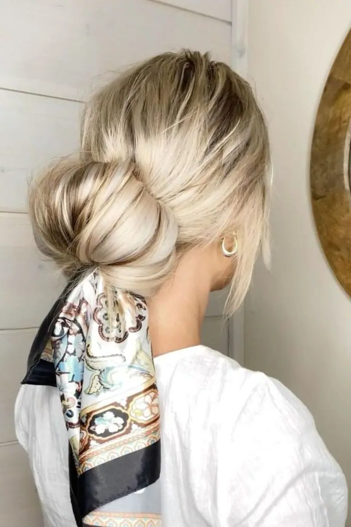 15. Sleek Low Bun with Scarf