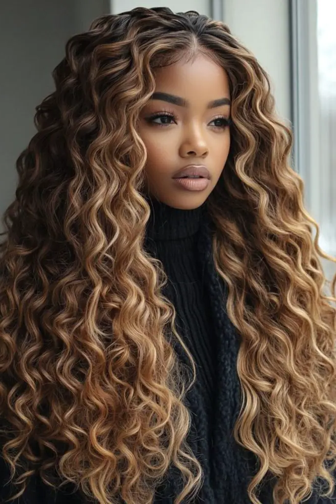 28 Beautiful Deep Wave Hairstyles 18 16. Golden Honey Flow