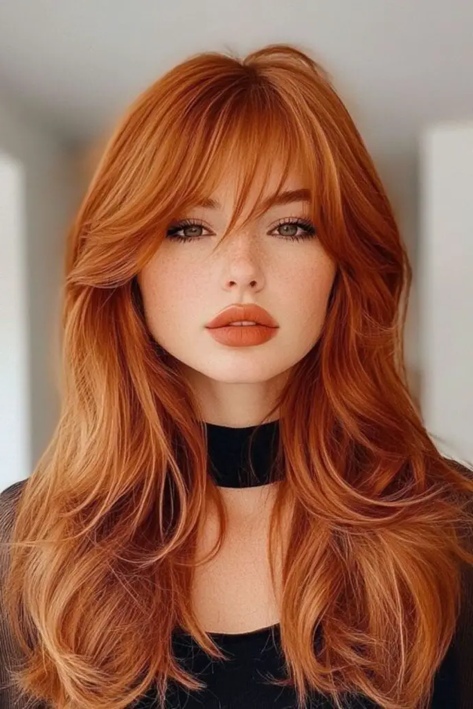 29 Long Layers with Curtain Bangs 18 17. Auburn Flickering Layers