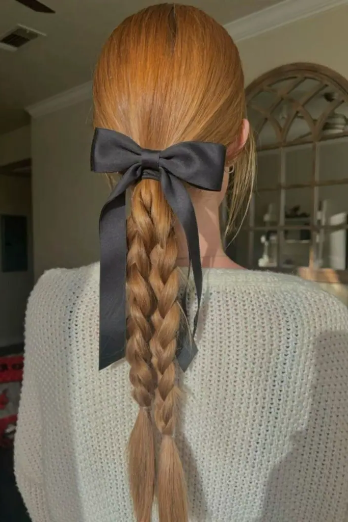 28 Cute Hairstyles with a Bow 19 17. Braided Ponytail with Bow