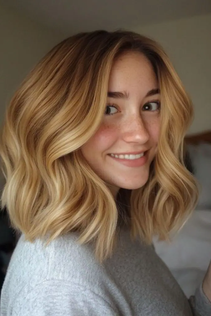 27 Super-Cute Blonde Medium Length Hair Ideas 19 17. Honey-Touched Shoulder Grazing Bob