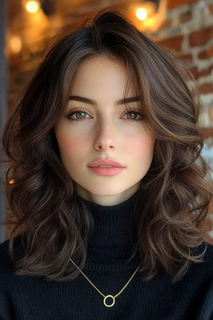 27 Stunning Turtle Neck Hairstyles 19 17. Tousled Lob Pairing with Chunky Sweaters