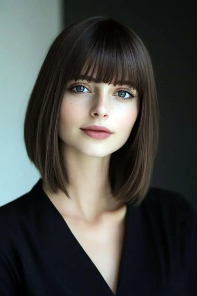 29 Stunning Butterfly Bangs Hairstyles 20 18. Blunt Butterfly Bangs: Sharp and Impactful