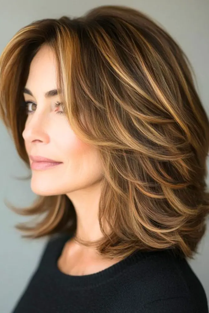 28 Best Feathered Layered Hairstyles 20 18. Feathered Layers with Highlights: Bright & Bold