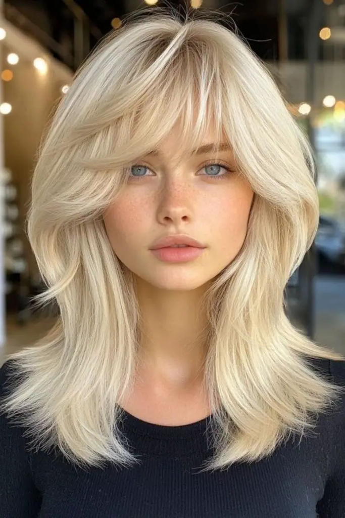 27 Best Lob Haircut with Bangs 19 18. Icy Platinum Statement
