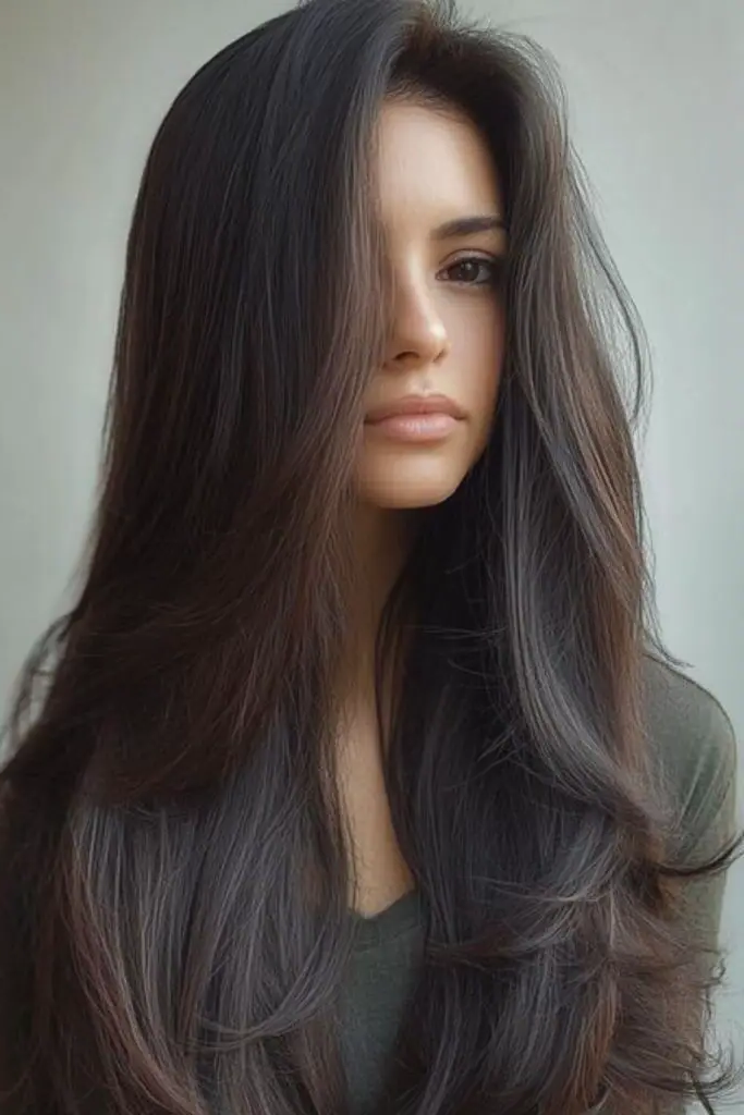 29 Long Layers with Curtain Bangs 19 18. Satin Ribbon Cascade