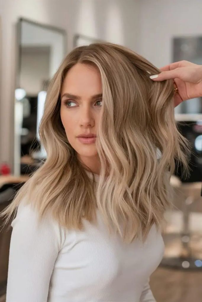 27 Super-Cute Blonde Medium Length Hair Ideas 20 18. Silken Beige Cascade