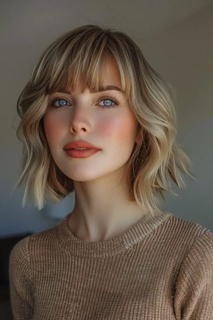 27 Blonde Bob with Fringe Hairstyles 20 18. Tawny Ember Chop