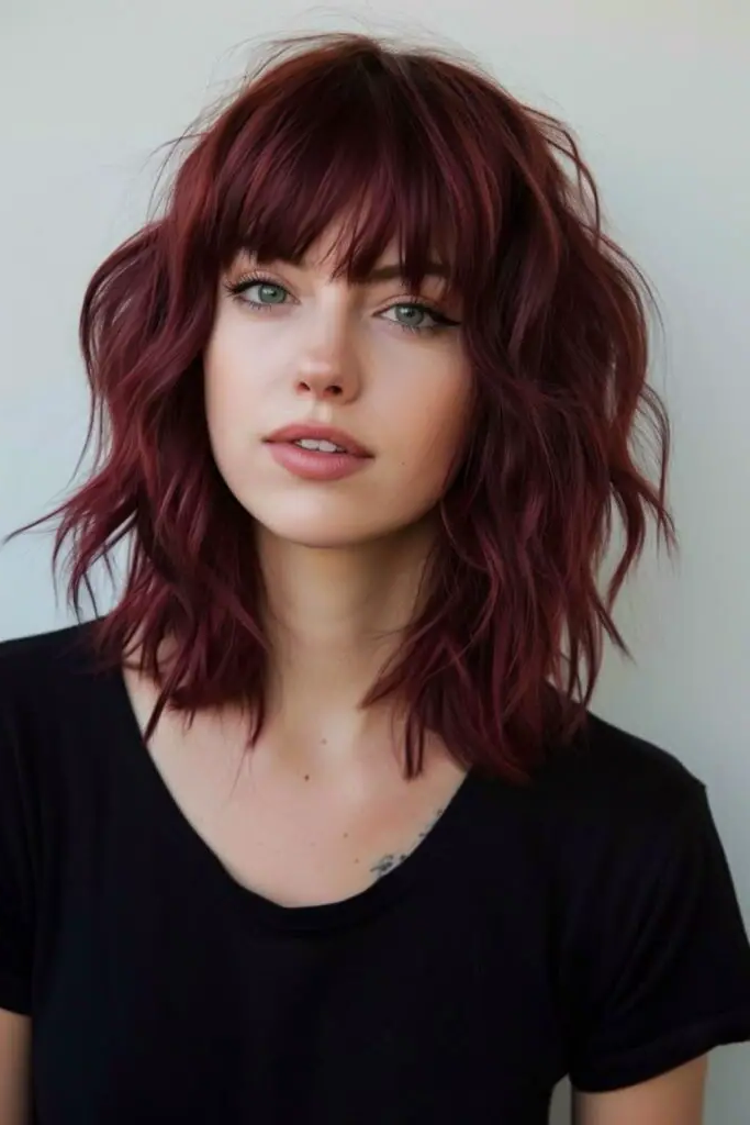 27 Best Lob Haircut with Bangs 20 19. Bold Red Siren Cut