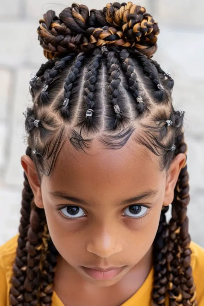 28 Trendy Kids Cornrow Hairstyles 21 19. Braided Bun Cornrows: Chic and Neat