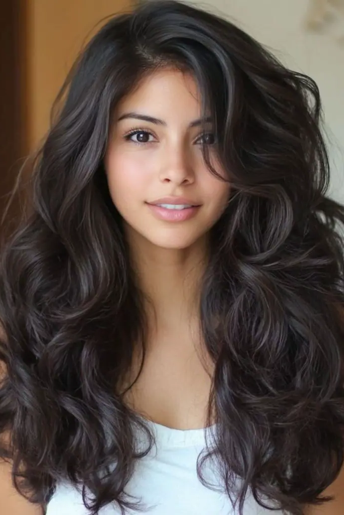 29 Cute Latina Hairstyles Long 21 19. Long Layered Curls with a Side Part