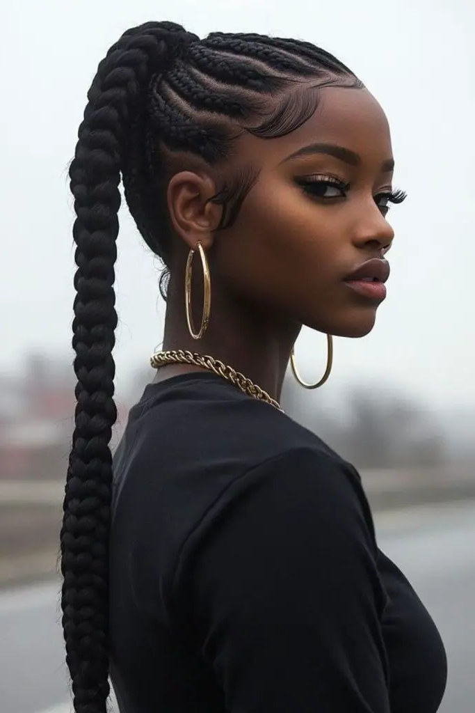 27 Best Big Cornrows Hairstyles 21 19. Sleek Ponytail Rows