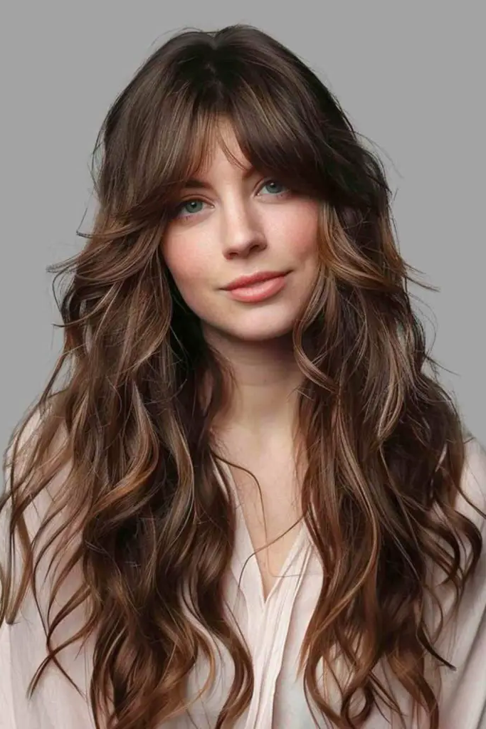 29 Long Layers with Curtain Bangs 4 2. Ethereal Wind-Kissed Waves