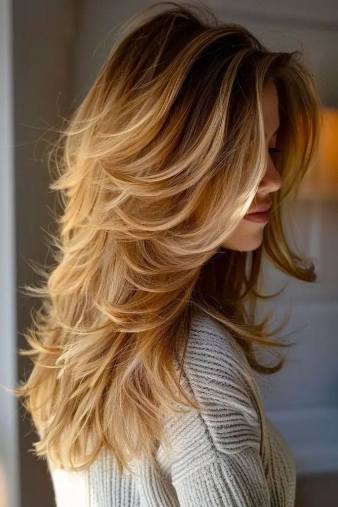 27 Long Layered Haircuts with Face Framing 4 2. Fierce Flame Flow