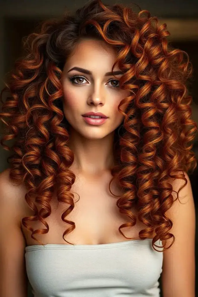 28 Stunning Medium Curly Haircuts 20 20. Auburn Ember Swirls
