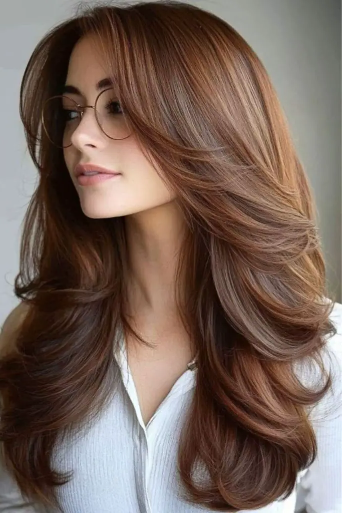 29 Long Layers with Curtain Bangs 21 20. Autumn Sunset Waves