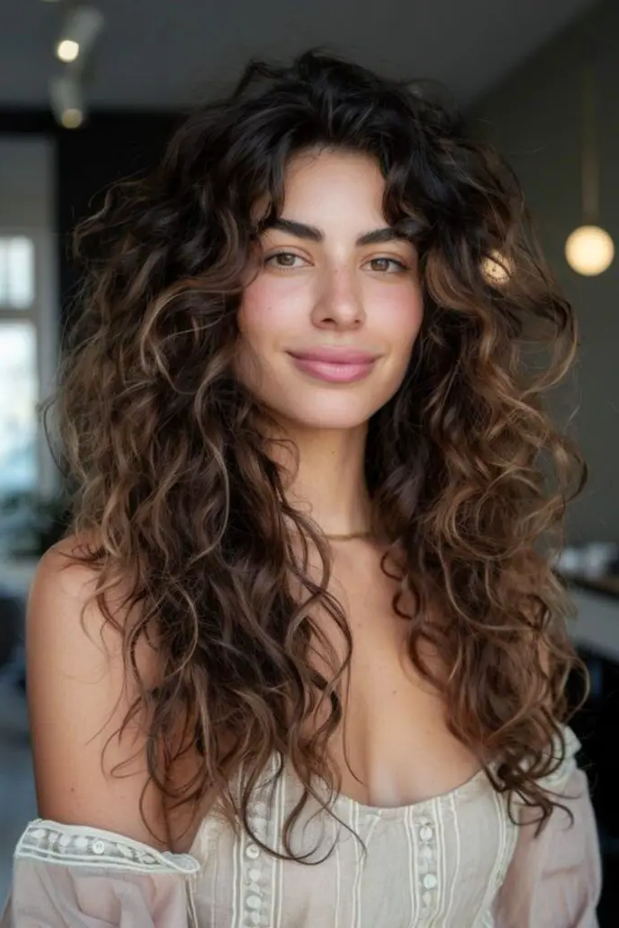 28 Best Long Haircuts with Layers 23 21. Curly Layers with Center Part