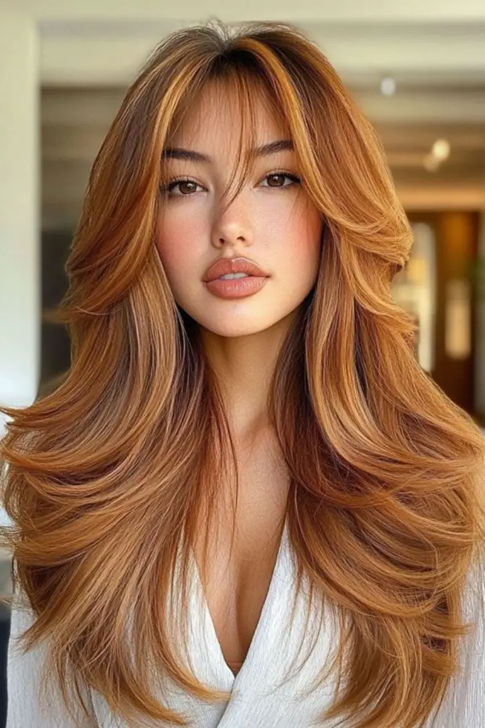 29 Long Layers with Curtain Bangs 22 21. Dusky Petal Swirl