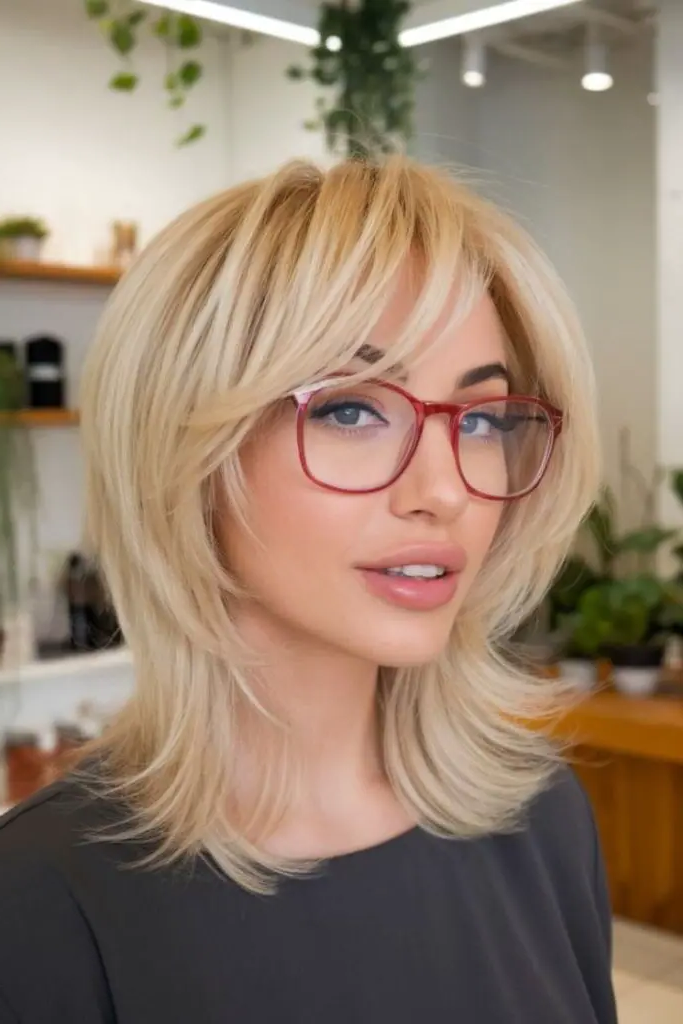 28 Best Feathered Layered Hairstyles 23 21. Feathered Layers with Curtain Bangs: Retro Charm