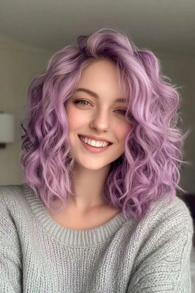 28 Stunning Medium Curly Haircuts 21 21. Lavender Mist Ruffles