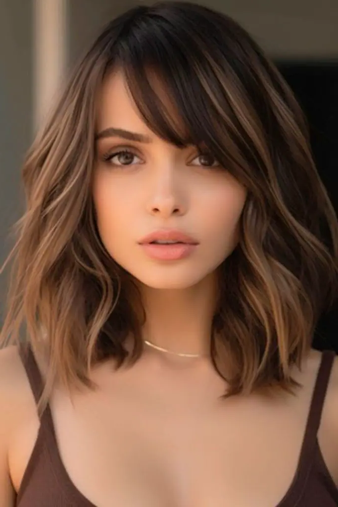 27 Best Lob Haircut with Bangs 22 21. Luxe Espresso Layers