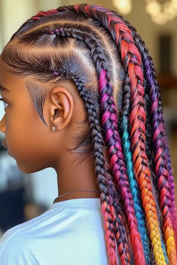 28 Trendy Kids Cornrow Hairstyles 24 22.Mixed Color Cornrows: Rainbow Vibes